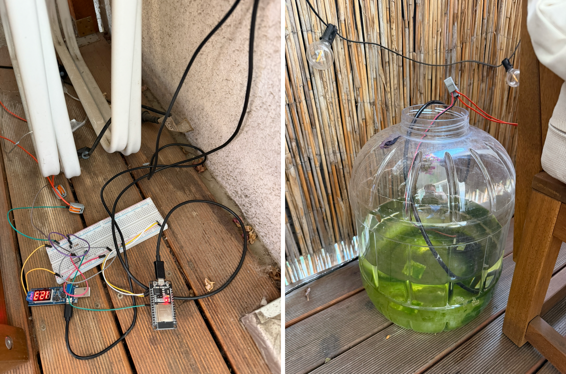The prototyping board wired up on the balcony floor, next to the water carboy tucked into the corner