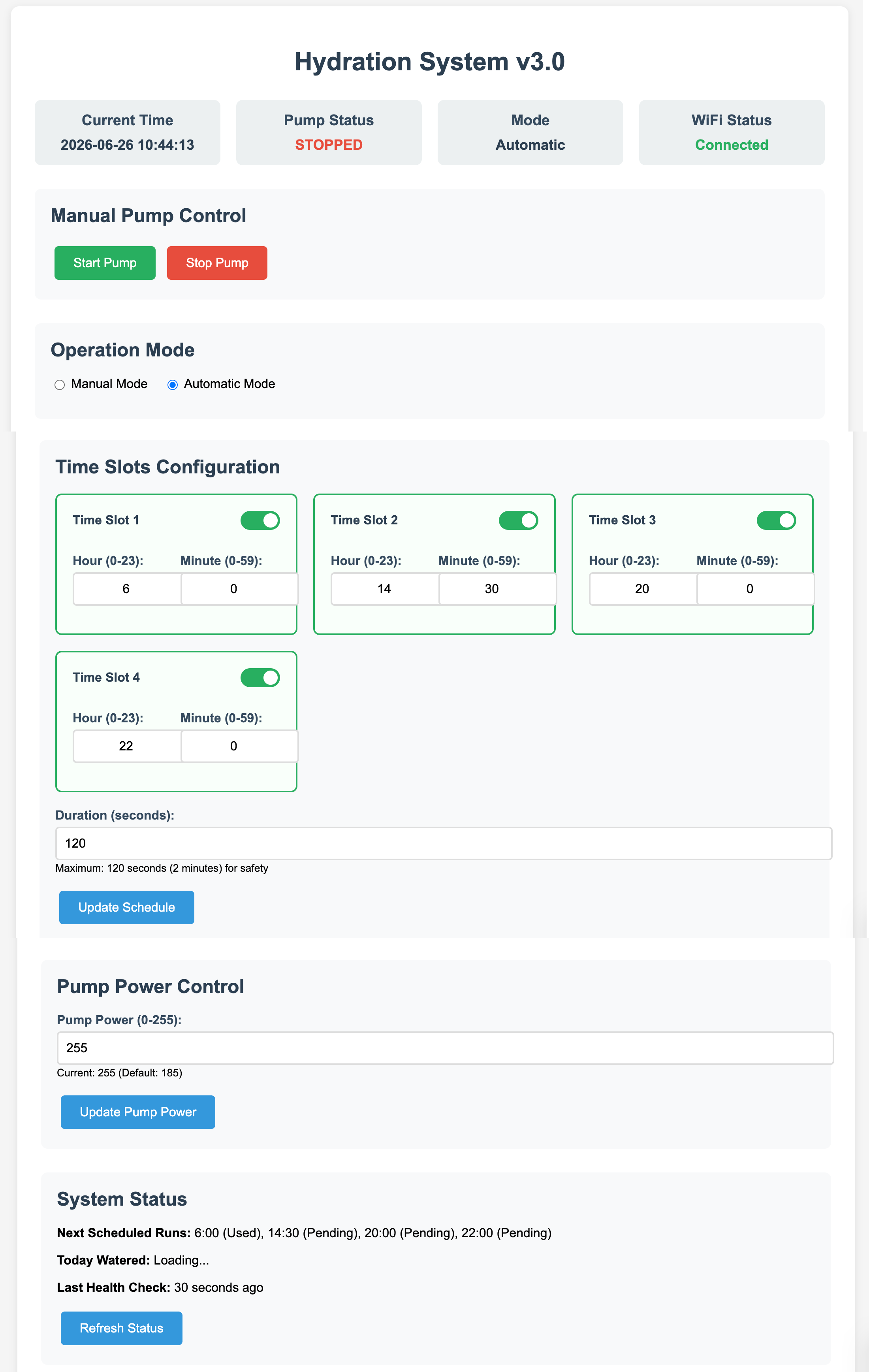 The hydration station's control website, showing manual pump control, scheduling, and system status